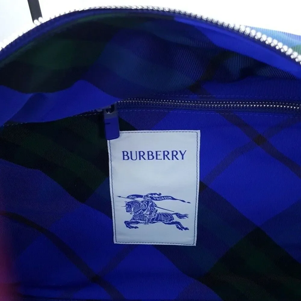 BURBERRY Duffle Bag Blue Nylon Shield Check Plaid Authentic Unisex $2050